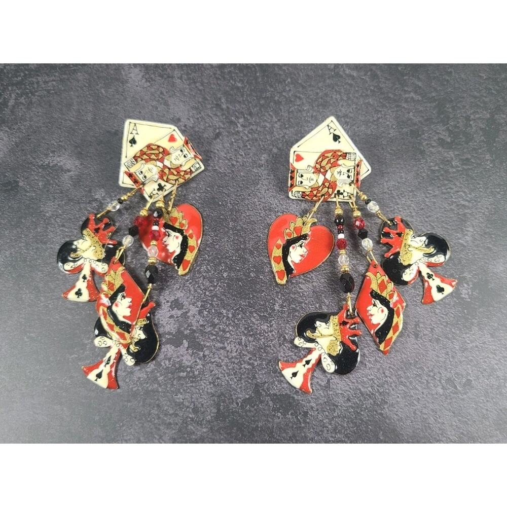 Lunch At The Ritz Queen Of Hearts Playing Card Dangle Earrings Signed LATR Pierc
